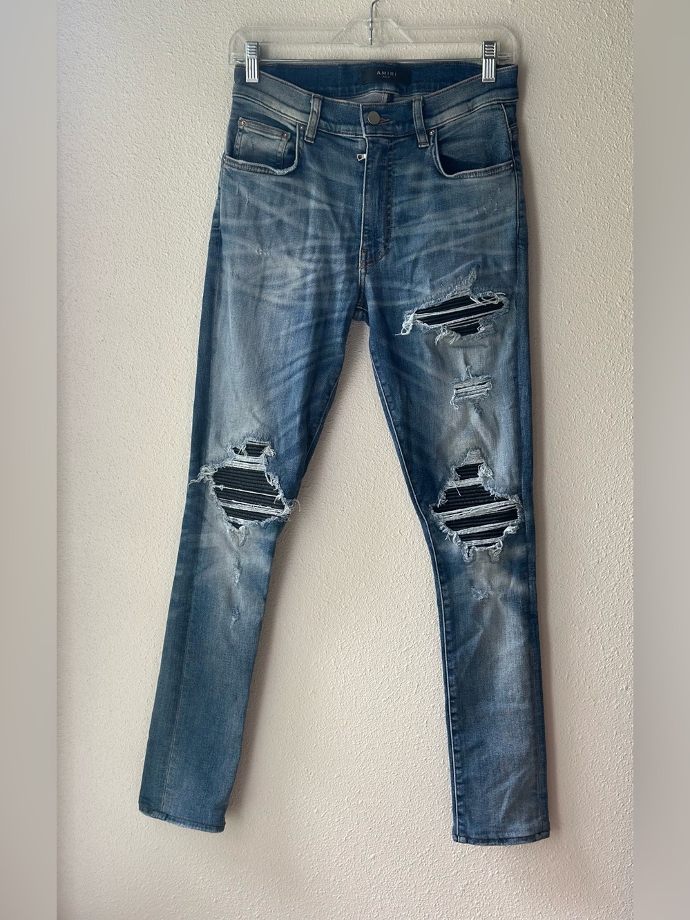 AMIRI MX1 Skinny Jeans Light Wash Blue Denim Distressed Pleated Leather Sz 30x30